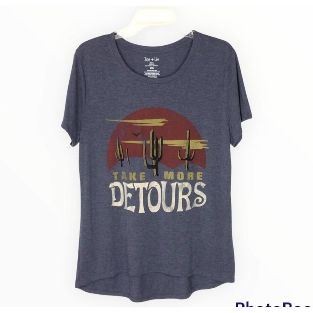 Zoe + Liv Take More Detours Graphic Shirt Blue Cactus Womens Size 2XL